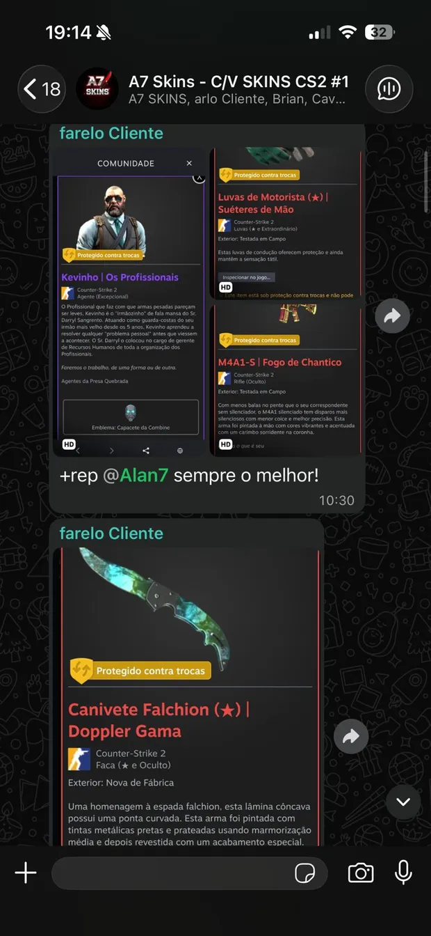 Cliente farelo elogiando a A7 Skins