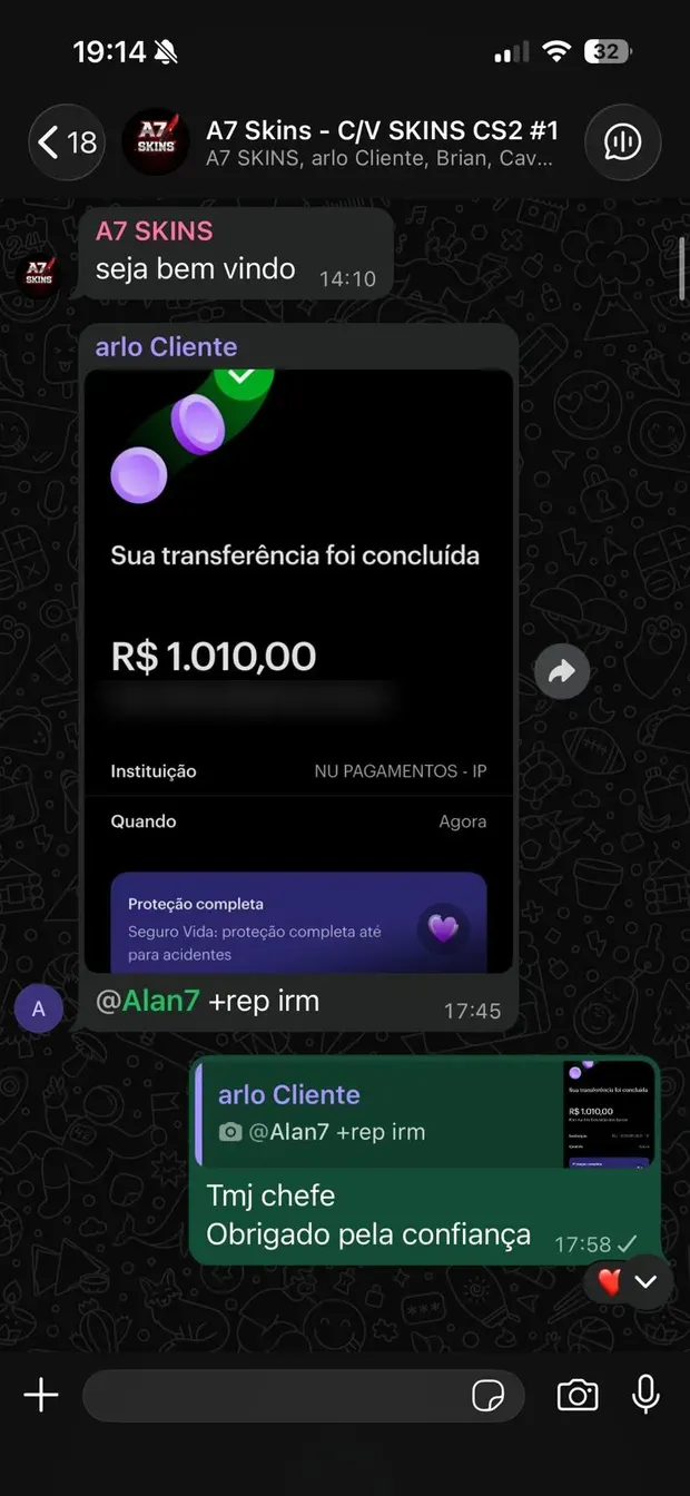 Comprovante de pagamento de cliente da A7 Skins